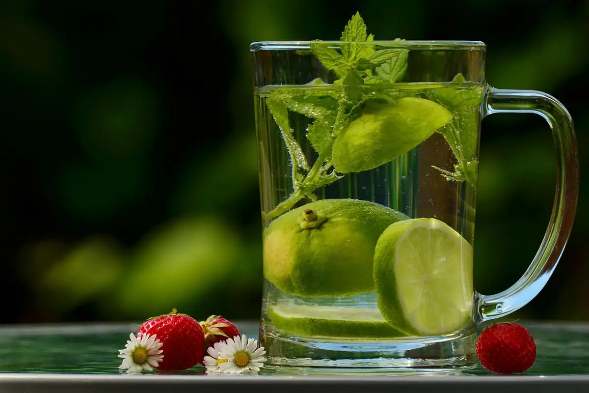 Pahar cu apă, felii de lămâie verde și fructe, o băutură răcoritoare naturală