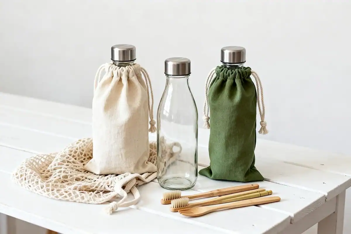 Periuțe de dinți din lemn, sticlă și săculeț de pânză, produse ecologice pe o masă albă