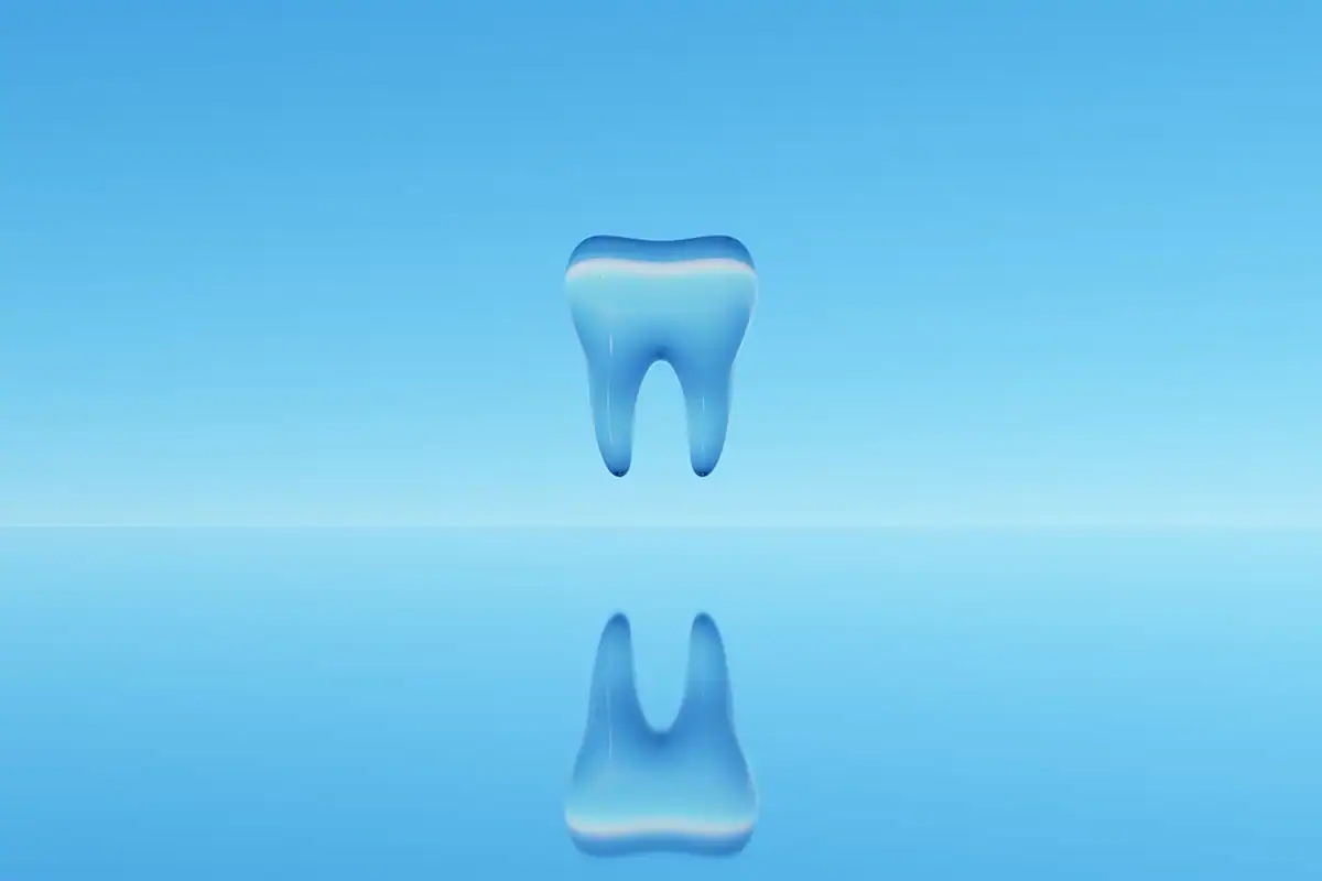 Model 3D al unui dinte, randat digital în culori vii, pe un fundal abstract